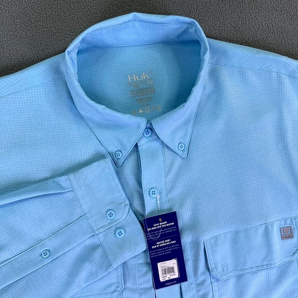 Huk Shirt Mens XL Blue A1A Woven Performance Fishing Vented UPF30 New - Picture 1 of 8